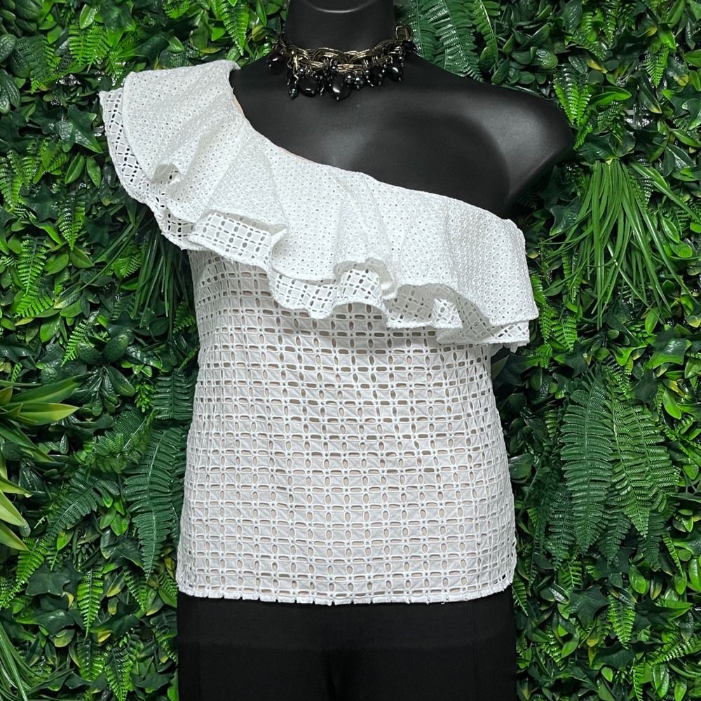 J.Crew Top Size 12  White Eyelet One Shoulder Ruffle Cotton Geometric Lined 3628
